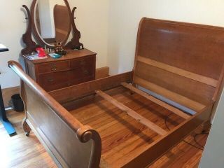 Antique Birds Eye Maple Sleigh Bed - Dresser - 2 Cane Chairs