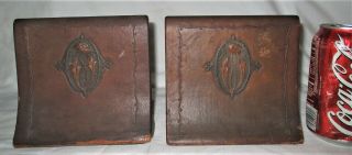 Antique Usa Mission Roycroft Arts Crafts Tooled Leather Copper Flower Bookends