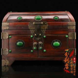Exquisite Chinese Old Antique Gem Inlay Handcarved Huanghuali Wood Case Box
