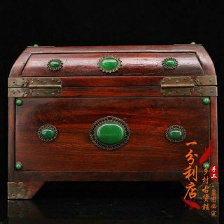Exquisite Chinese old antique Gem inlay handcarved huanghuali wood case box 2