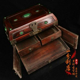 Exquisite Chinese old antique Gem inlay handcarved huanghuali wood case box 3