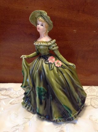 Vintage Lefton Ceramic Porcelain Lady In Green Dress 7 - 1/2 " Figurine - Numbered