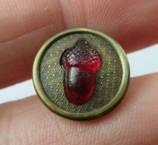 Stunning Antique Vtg 19th C Ruby Red Glass Acorn In Metal Button 5/8 " (k)