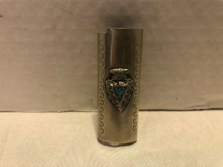 Vintage Southwestern Nickel Silver C - W Bic Lighter Cover Arrowhead Turquoise
