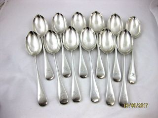 Antique Solid Silver Set Of 12 Old English Dessert Spoons Hallmark London 1907