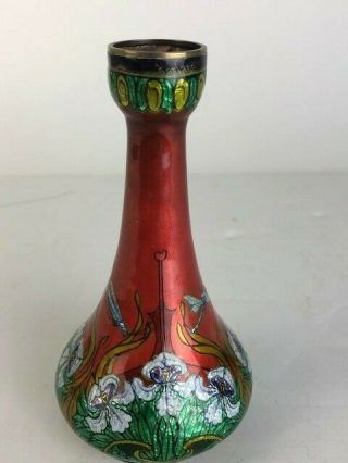 Jules Sarlandie (French: 1874 - 1936) enamelled on copper slender neck vase. 2