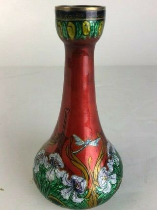 Jules Sarlandie (French: 1874 - 1936) enamelled on copper slender neck vase. 3