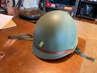 Vintage Green Metal Army Helmet In Insert And Straps Intact.