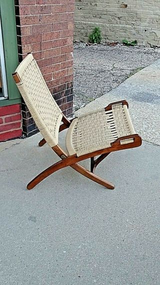 Hans J.  Wegner Vintage Mid Century Modern Woven Rope Folding Chair W/ Handles 2