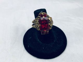 Vtg.  Czechoslovakian Ruby Red Rhinestone Gold Tone Chunky Ring