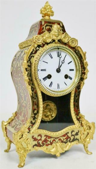 Sublime Antique French 8 Day Red Shell Bronze Mount & Inlaid Boulle Mantle Clock 2