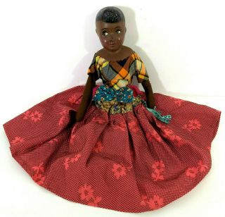 Antique African American Black Female Doll Composition Side Glancing Eyes 15 "