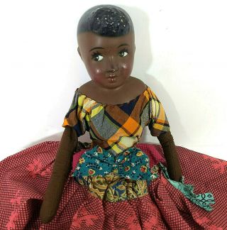 Antique African American Black Female Doll Composition Side Glancing Eyes 15 