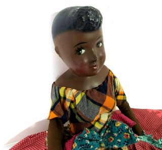 Antique African American Black Female Doll Composition Side Glancing Eyes 15 