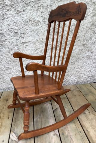 Vintage Solid Wood Childs Rocking Chair,  With Music Box,  Windsor Style
