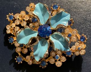 Attractive Vintage Enamel And Crystal Brooch Marked Exquisite