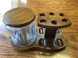 Estate Vintage Decatur Walnut 6 Pipe Holder Stand With Humidor,  6 Pipes,