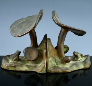Great Pair Art Deco Mcclelland Barclay Bronze Mushrooms Frogs Figural Bookends