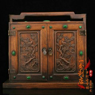 Chinese Old Antique Gem Inlay Handcarved Huanghuali Wood Portable Storage Box