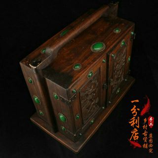 Chinese old antique Gem inlay handcarved huanghuali wood Portable storage box 2