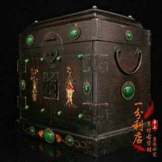 Chinese Old Antique Gem Inlay Handcarved Huanghuali Wood Storage Box