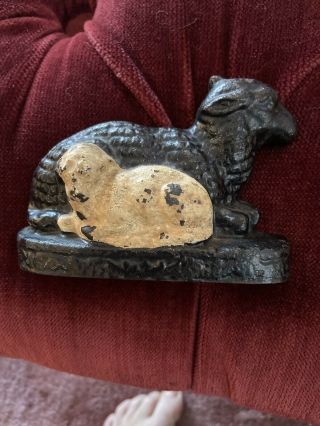 Cast Iron Vintage Door Stop (or Decoration))  Black Sheep With White Baby Lamb