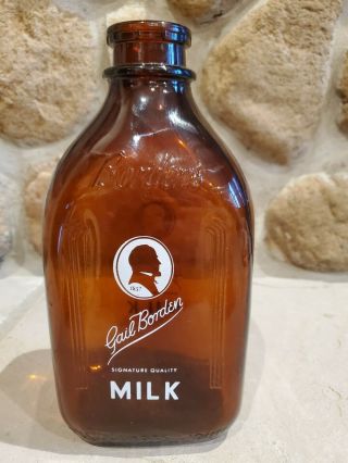 Vintage Gail Borden Signature Dark Amber Glass Milk Bottle Two Quart
