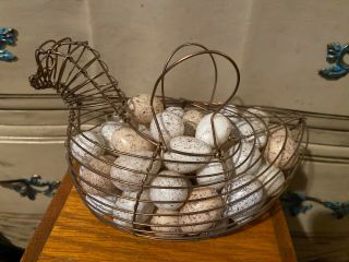 Vintage Primitive Small Wire Farmhouse Egg Gathering Basket W/ Quail Eggs