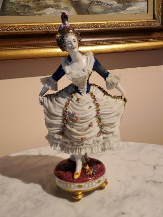 Antique Dresden Porcelain Lady With Lace Gown 12 1/2 " Tall