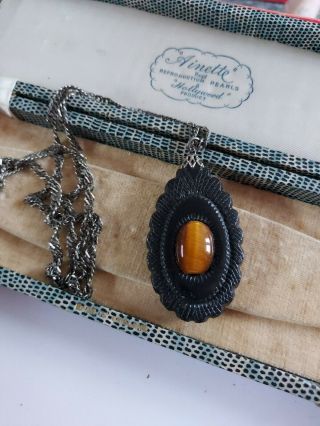 Vintage Antique Whitby Jet And Tigers Eye Large Engraved Pendant Necklace