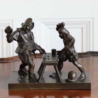 Antique 19th Century Bronze Sculpture Of 17th Century Gambling Spanish Soldiers.