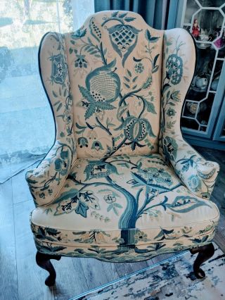 Woodmark Wingback Queen Anne Chair Crewel Fabric Tree Of Life Blue & Cream Chair