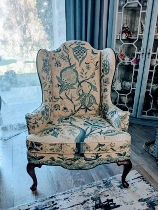 Woodmark Wingback Queen Anne Chair Crewel Fabric Tree Of Life Blue & Cream Chair 2