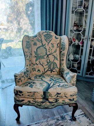 Woodmark Wingback Queen Anne Chair Crewel Fabric Tree Of Life Blue & Cream Chair 3