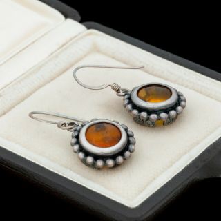 Antique Vintage Deco Mid Century Style 925 Sterling Silver Amber Earrings 5.  5g