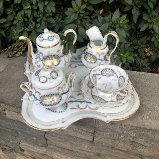 Antique Old Vieux Paris Porcelain Hand Painted Gold And Blue Tea Set With Tray