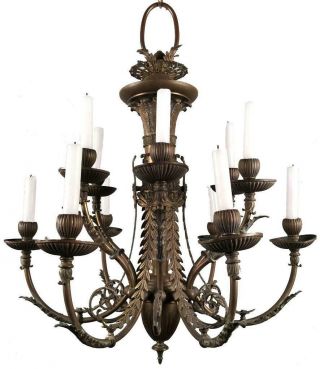 Antique French Louis Xvi Empire Gustavian Bronze Brass 12 - Light Chandelier Light