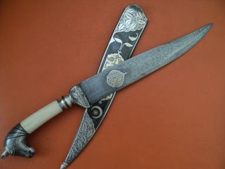 Antique Indo Persian Mughal Kard Dagger Knife Damascene Gold Silver Wootz Blade