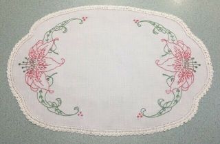 Vintage Hand Crocheted Embroidered Floral Linen Doily - 41cm X 28cm