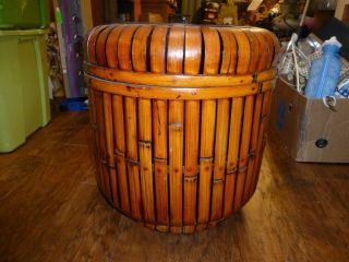 Vintage Bamboo & Wicker Storage Basket With Brass Handles,