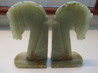 Vintage Green Jade/agate/marble/stone Horse Head Bookends 7 3/4 " Tall