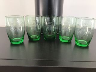 Vintage.  Set Of Five Green Engraved Glasses With Grape Design 309