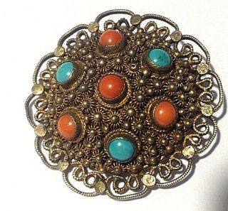 Antique Vintage China Chinese Silver Gilt Coral Turquoise Brooch Pin
