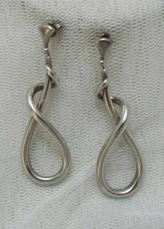 Vintage Solid Silver 1990s Hm Signed Knot Design Long Drop Post Back Earrings