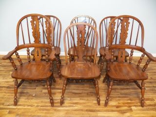 Set Of 6 Oak Windsor Dining Chairs Pennsylvania House Brace Back 2 Arms 4 Sides