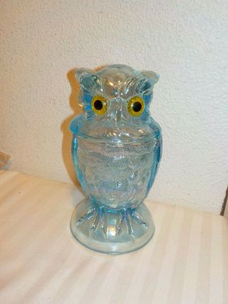 Vintage Imperial Glass Owl Candy Trinket Dish Box Ice Blue Carnival Glass