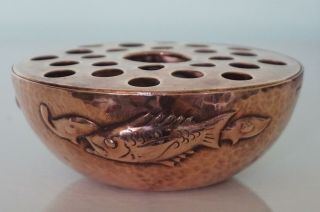 Newlyn Arts & Crafts Copper Rose Bowl - Repousse Fish - Hand Planished - C.  1900