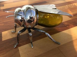 Mappin Webb Bee Honey Pot Antique Silver Plate Art Deco Amber Green Glass Body