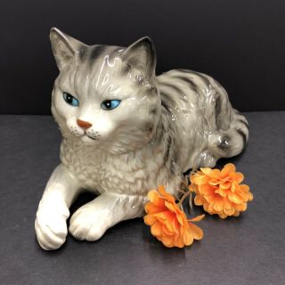 Vintage Andrea By Sadek Ceramic Cat Figurine Grey Cat Blue Eyes 5”hx10”w Japan