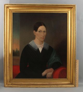 19thc Antique American Primitive Folk Art Portrait Oil Painting Woman Gilt Frame